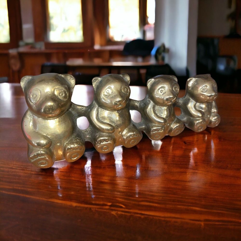 Vintage MCM Brass Bear Family Figurine Paperweight Teddy Bears